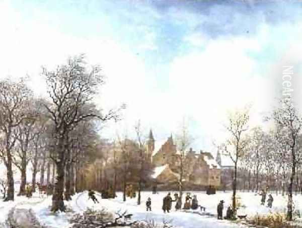 Skaters in a Winter Landscape 1830 Oil Painting by Anthony Jacob Offermans