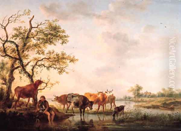 A cowherd watering cattle at sunset Oil Painting by Balthasar Paul Ommeganck