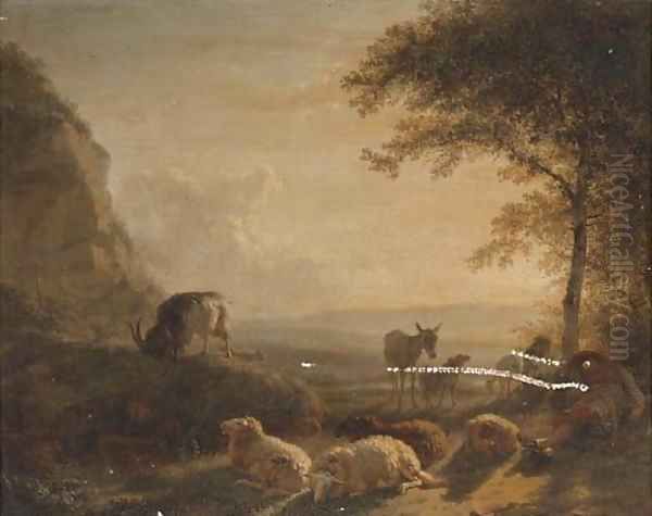 A landscape with a shepherd and his flock at sunset Oil Painting by Balthasar Paul Ommeganck