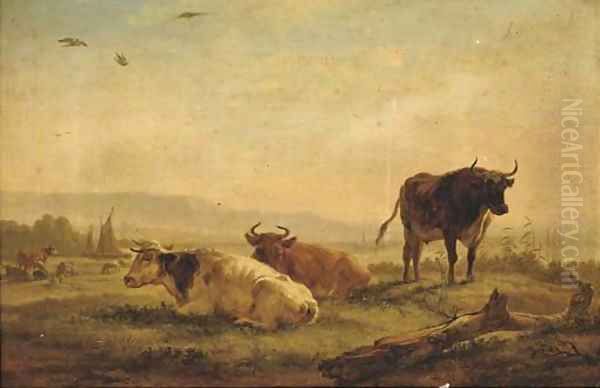 A landscape with cattle on a riverbank Oil Painting by Balthasar Paul Ommeganck