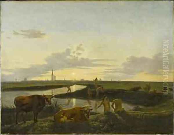 Canal Landscape with Figures Bathing View over Zwolle Oil Painting by Hendrick ten Oever