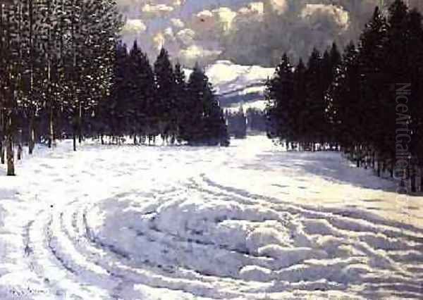 Sleigh Tracks in a Snowy Clearing Oil Painting by Victor Olgyai