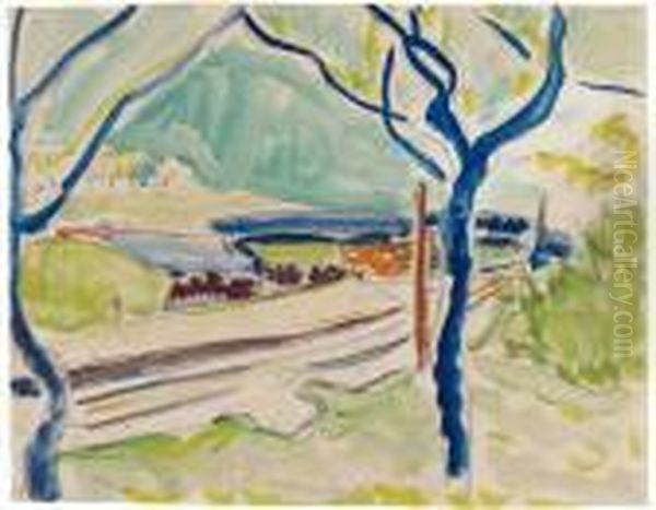 Landschaft Mit See Im Hintergrund. Ruckseitig: Badende Oil Painting by Ernst Ludwig Kirchner