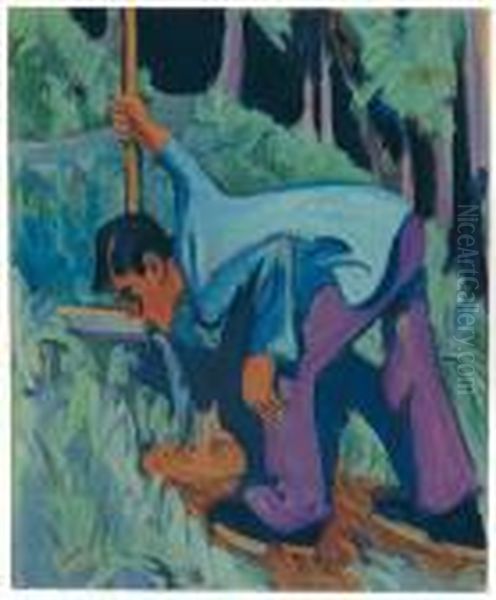 Junger Bauer Aus Einer Quelle Im Wald Trinkend Oil Painting by Ernst Ludwig Kirchner