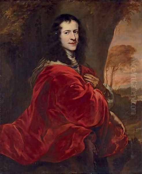 Portrait of a gentleman, three-quarter-length, in a red cloak, before a landscape Oil Painting by Jurgen Ovens