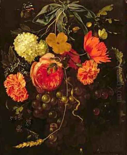 Still Life with a Swag of Fruits and Flowers Tied with a Blue Ribbon Oil Painting by Maria van Oosterwyck