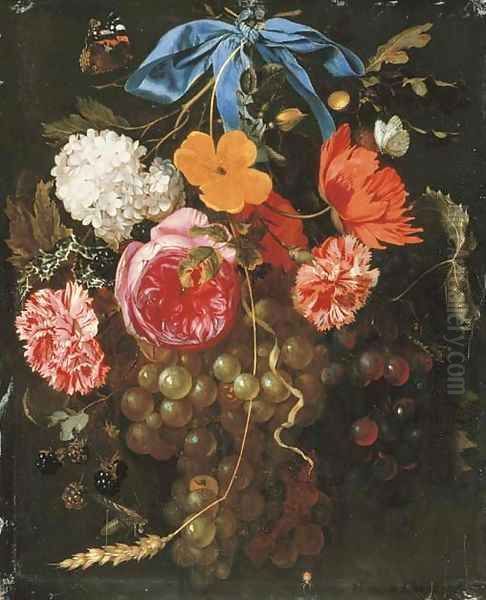 A poppy, a snowball, pink and yellow roses, carnations, grapes, blackberries, an ear of wheat and sprigs of oak and holly suspended by a ribbon Oil Painting by Maria van Oosterwyck