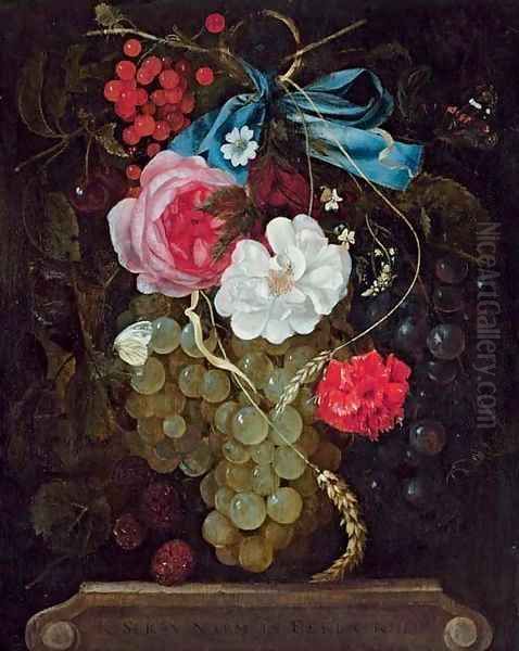 A carnation, roses, grapes, redcurrants and berries hanging from a blue ribbon, with butterflies, above an entablature Oil Painting by Maria van Oosterwyck