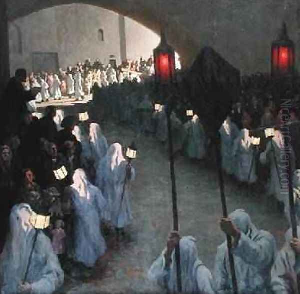 Procession of the Penitents Blancs at PuyenVelay on Good Friday Oil Painting by Aime Olivier