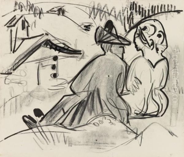 Paar Auf Der Alm.ruckseitig: Weiblicher Akt Im Badetub Oil Painting by Ernst Ludwig Kirchner