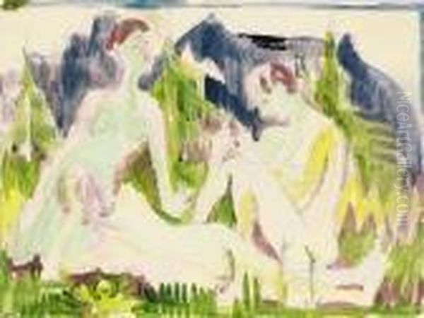 Drei Badende (akte In Gebirgslandschaft) Oil Painting by Ernst Ludwig Kirchner