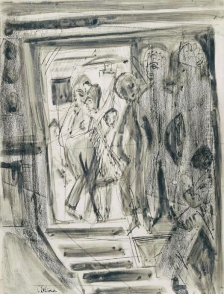 Interieur Mit Besuchern (treppenaufgang Im Wildboden-haus) Oil Painting by Ernst Ludwig Kirchner