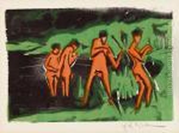 Mit Schilf Werfende Badende Oil Painting by Ernst Ludwig Kirchner