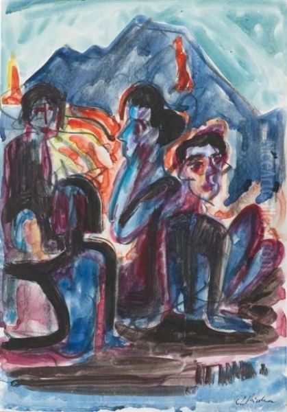 Figures Before A Mountain. Oil Painting by Ernst Ludwig Kirchner