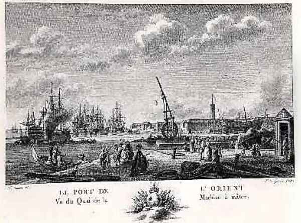 Port of L Orient, view of the Quay with the Machine for Masting, engraved by Yves Marie Le Gouaz 1742-1816 Oil Painting by Ozanne, Nicolas Marie