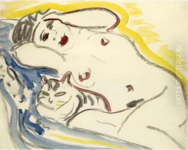 Liegender Weiblicher Akt Mit 
Katze (reclining Female Nude With Cat) - Recto Weisse Katze (white Cat) -
 Verso Oil Painting by Ernst Ludwig Kirchner