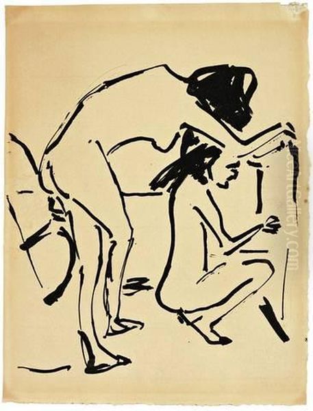 Stehender Und Hockender Madchenakt Im Atelier Oil Painting by Ernst Ludwig Kirchner