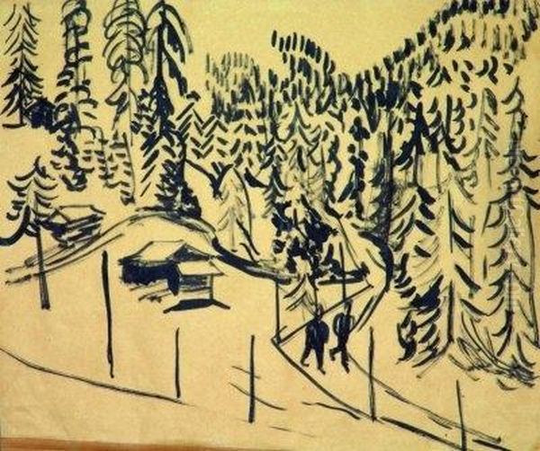 Forest Hut With Two Strollers. 1923 Oil Painting by Ernst Ludwig Kirchner