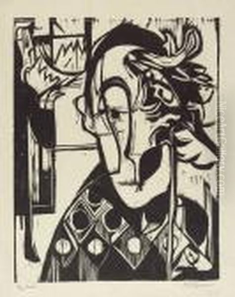 Melancholischer Kopf - Portrait Oil Painting by Ernst Ludwig Kirchner