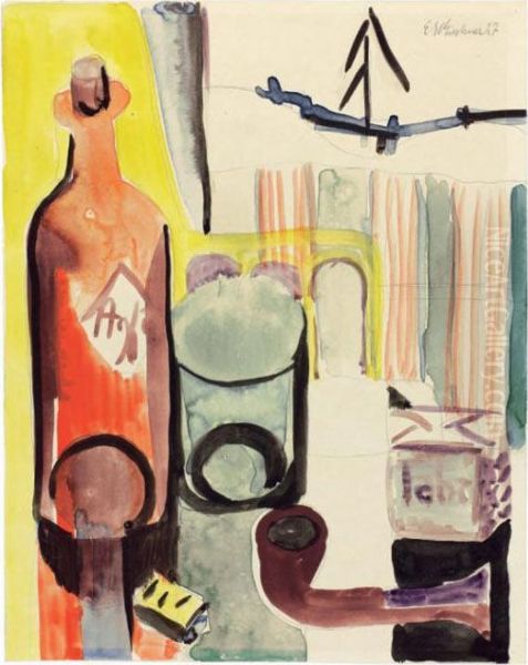 Stillleben Mit Flasche, Glas Und Pfeife Oil Painting by Ernst Ludwig Kirchner