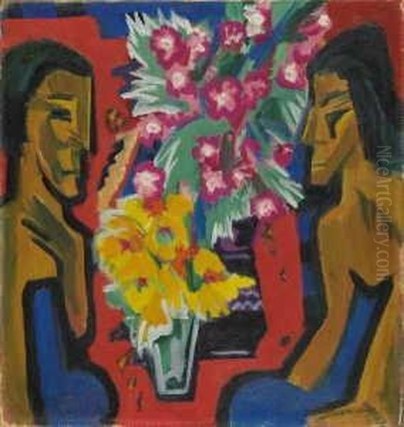 Stilleben Mit Zwei Holzfiguren Und Blumen Oil Painting by Ernst Ludwig Kirchner