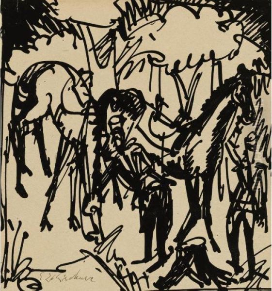 Federzeichnung (ink Drawing) Oil Painting by Ernst Ludwig Kirchner