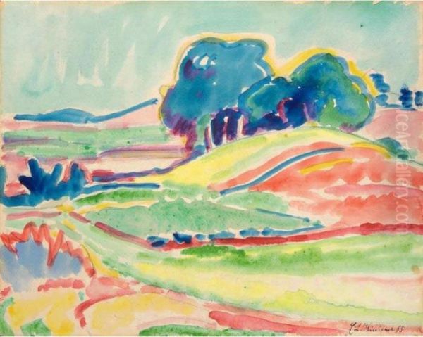 Hugellandschaft Mit Baumen Bei 
Dresden (landscape With Hills And Trees Near Dresden) - Recto Frau Im 
Tub (woman In A Tub) - Verso Oil Painting by Ernst Ludwig Kirchner