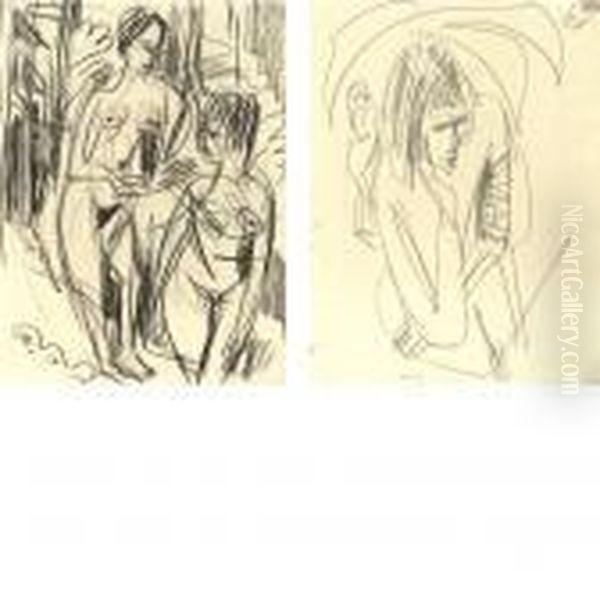 Zwei Weibliche Akte And Portrait Einer Frau: A Double-sided Drawing Oil Painting by Ernst Ludwig Kirchner