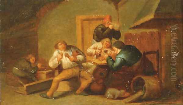 Peasants smoking and drinking by a fireplace the Sense of Taste Oil Painting by Adriaen Jansz. Van Ostade