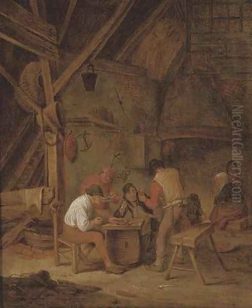 Peasants smoking and drinking in an interior Oil Painting by Adriaen Jansz. Van Ostade