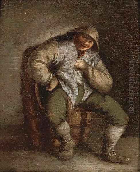 A peasant seated in an interior Oil Painting by Adriaen Jansz. Van Ostade