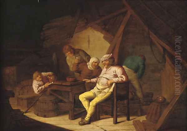 Peasants smoking and drinking in a barn Oil Painting by Adriaen Jansz. Van Ostade