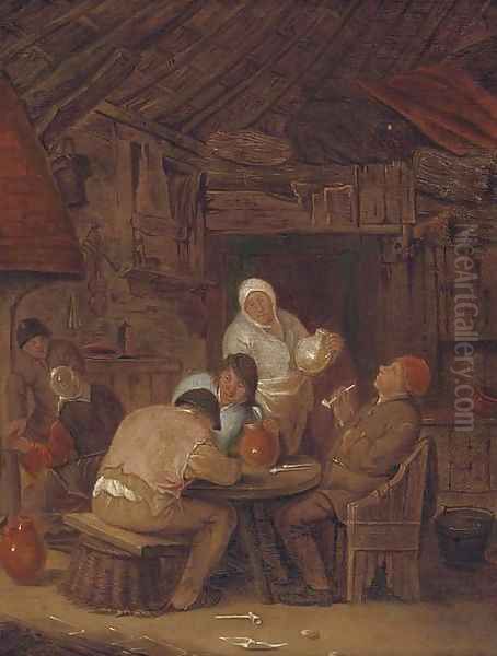 Peasants smoking and drinking in a tavern Oil Painting by Adriaen Jansz. Van Ostade