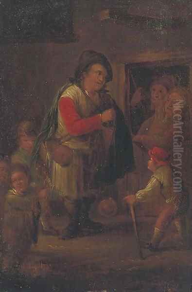 A pedlar at a cottage door Oil Painting by Adriaen Jansz. Van Ostade