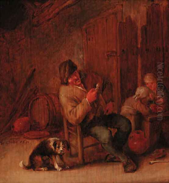 A boor smoking in an inn, with a dog and two children Oil Painting by Adriaen Jansz. Van Ostade