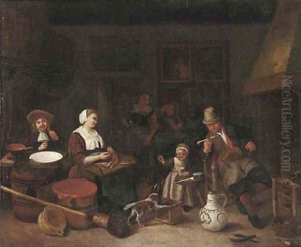 A kitchen interior with a woman cutting fish and a girl playing with a dog Oil Painting by Adriaen Jansz. Van Ostade