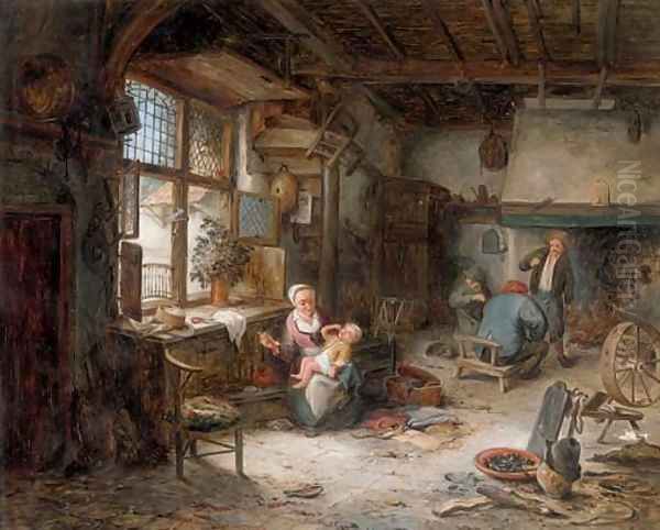 A mother feeding her child and other peasants in an interior Oil Painting by Adriaen Jansz. Van Ostade