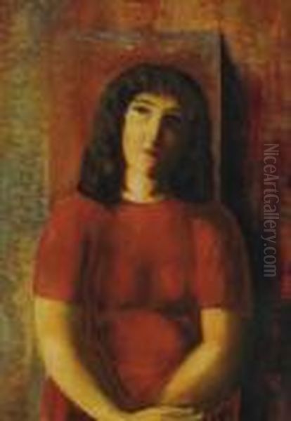 Jeune Fille A La Robe Rouge Oil Painting by Moise Kisling