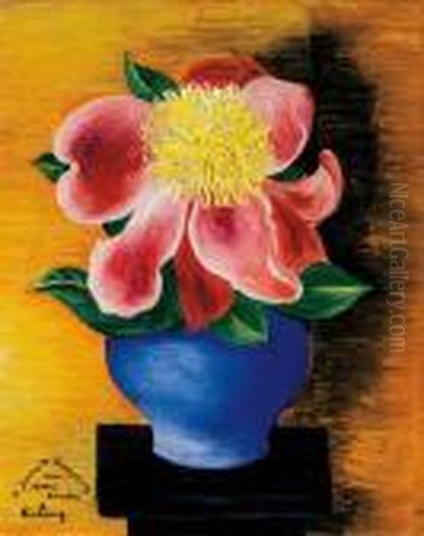 Flower In Blue Vase Oil Painting by Moise Kisling