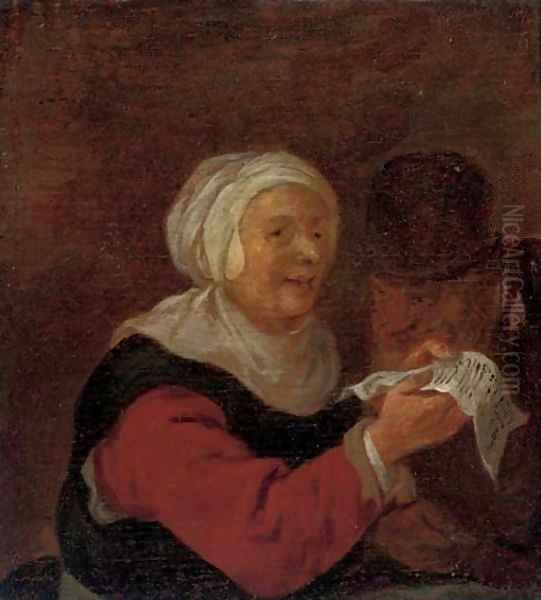 A woman reading a letter to a man in an interior Oil Painting by Adriaen Jansz. Van Ostade