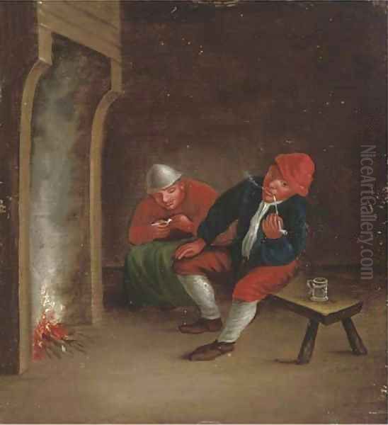 Boors smoking pipes by a fire in an interior Oil Painting by Adriaen Jansz. Van Ostade