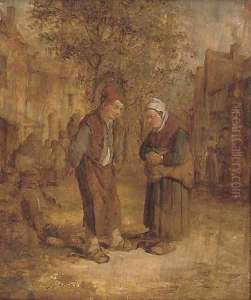 Two peasants conversing in a village street Oil Painting by Adriaen Jansz. Van Ostade