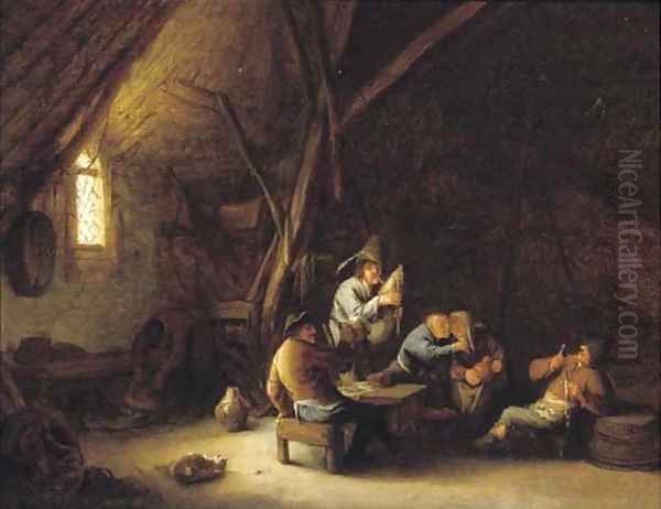 A barn interior with merry company and a bagpipe player Oil Painting by Adriaen Jansz. Van Ostade