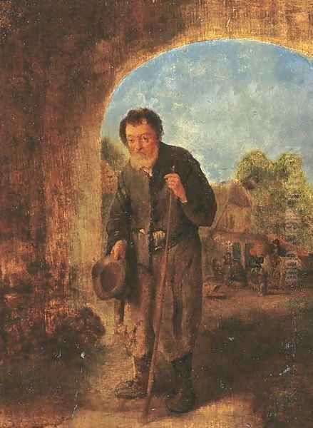 A beggar standing under a gateway, peasants by a farmhouse beyond Oil Painting by Adriaen Jansz. Van Ostade