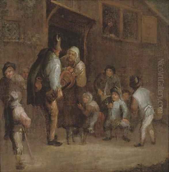 A hurdy-gurdy player with peasants outside a tavern Oil Painting by Adriaen Jansz. Van Ostade