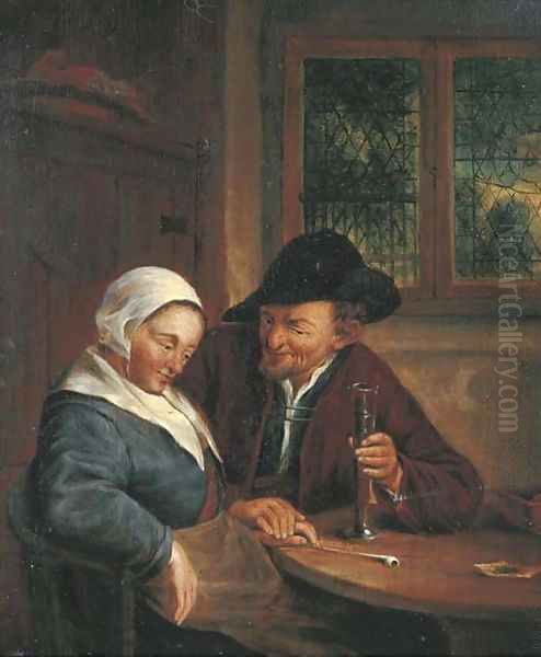 A man courting a woman in an interior Oil Painting by Adriaen Jansz. Van Ostade