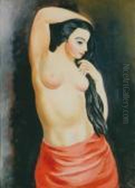 Nu A La Draperie Rouge Oil Painting by Moise Kisling