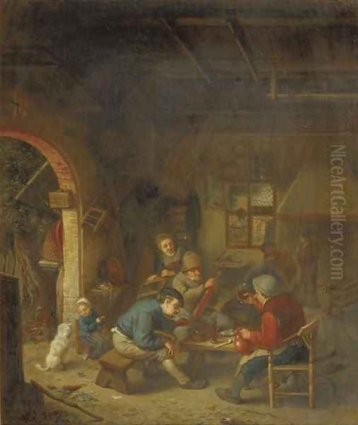 A violinist and peasants making merry outside an inn Oil Painting by Adriaen Jansz. Van Ostade