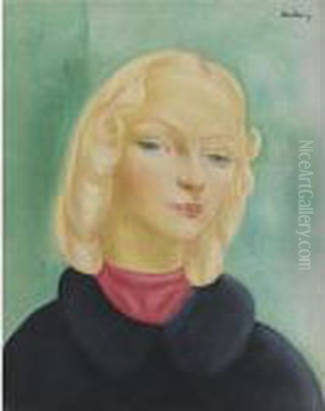 Jeune Fille Au Foulard Rouge Or Portrait D'ingrid Rooge Oil Painting by Moise Kisling