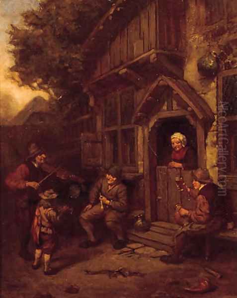 Boors listening to the music of a violinist in a farmyard Oil Painting by Adriaen Jansz. Van Ostade